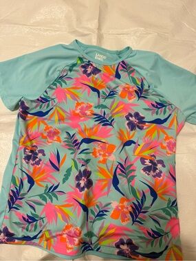 Lands youth girls' End Aqua Tropical Floral rash, guard Swim Top size XL